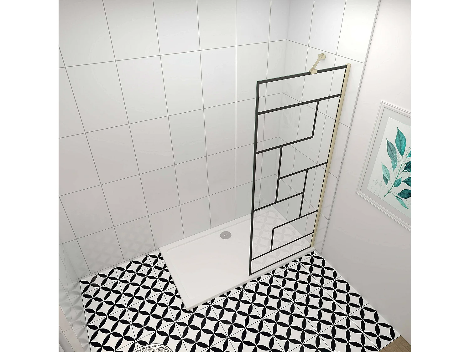 Douchewand-Inloopdouche 70x200cm 8mm NANO Easyclean zwart raster gezeefdrukt gehard glas gouden profiel 45cm stabilisatiestang(draaibaar).