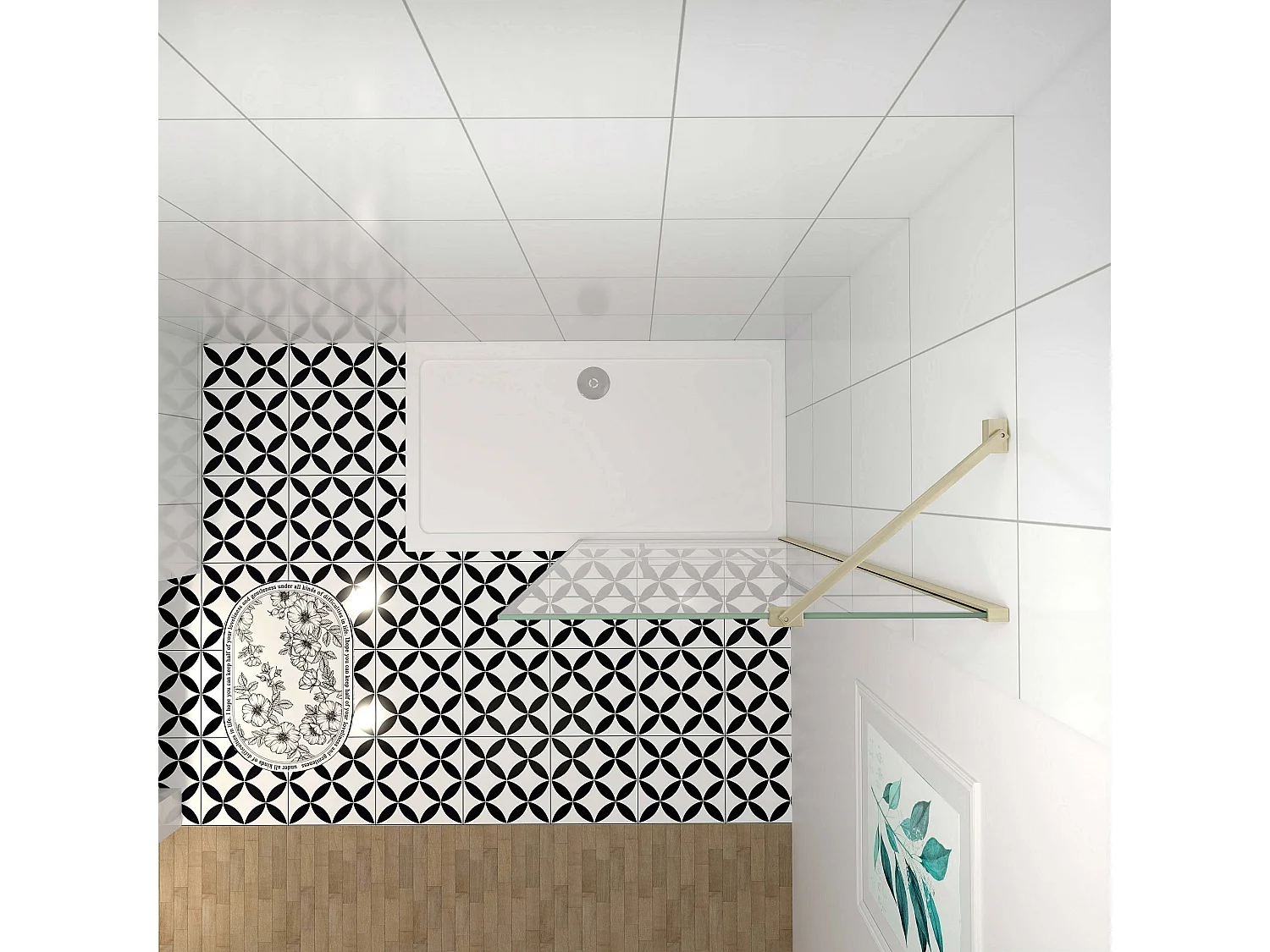 Douchewand-Inloopdouche 70x200cm 8mm NANO Easyclean zwart raster gezeefdrukt gehard glas gouden profiel 45cm stabilisatiestang(draaibaar).