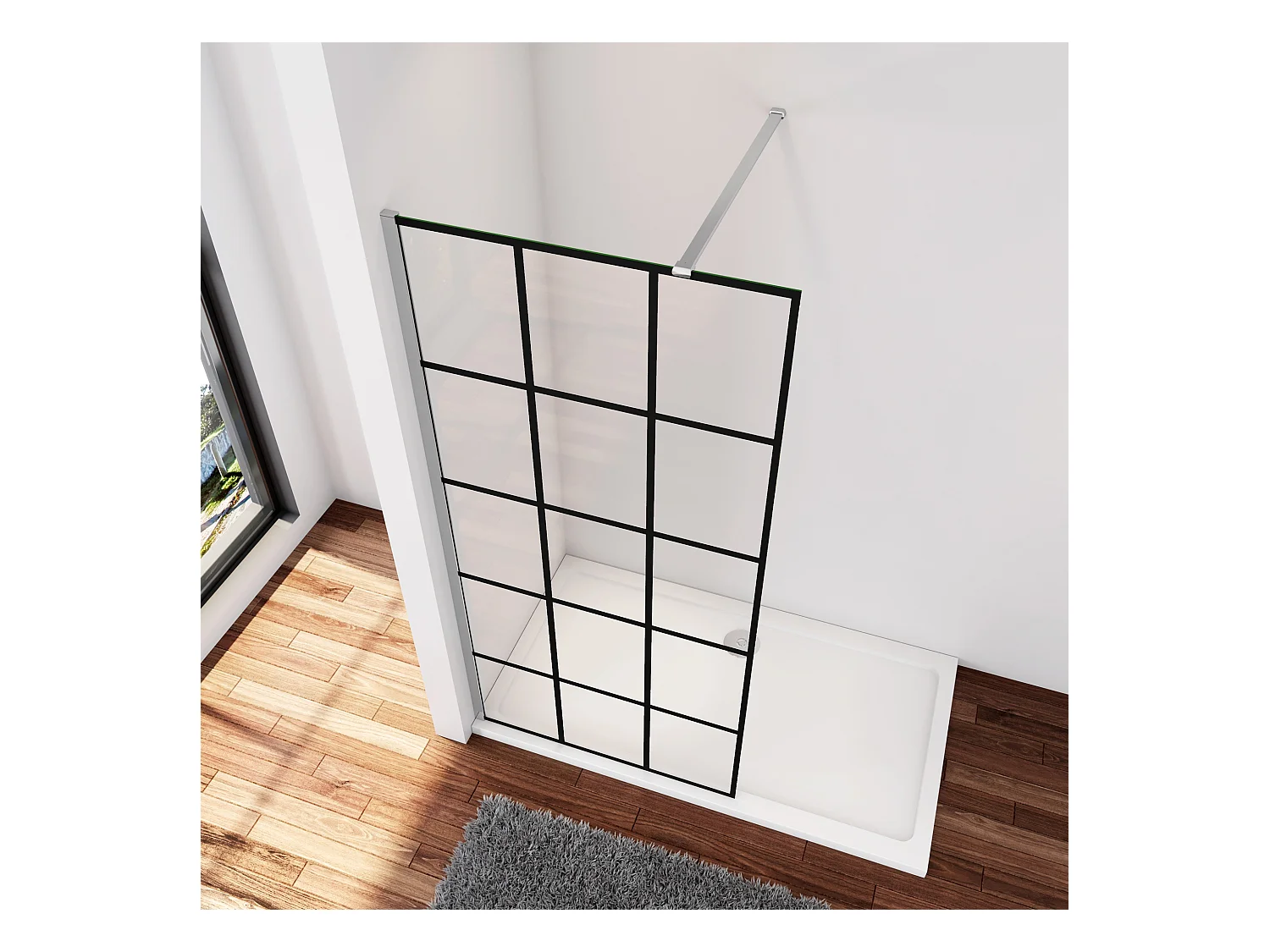 Douchewand-Inloopdouche 140x200cm met mat Zwart kader en raster 8mm NANO EasyClean veiligheidsglas N-Form 140cm Stabilisatiestang