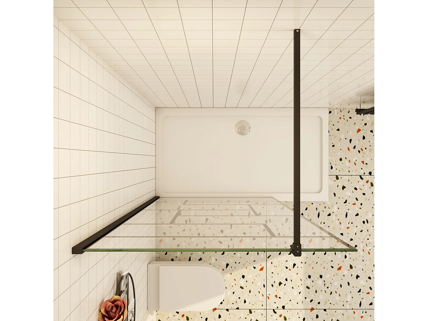 Douchewand-Inloopdouche 80x200cm 8mm NANO Easyclean zwart raster gezeefdrukt glas mat zwart profiel 140cm stabilisatiestang(kan worden gesneden)