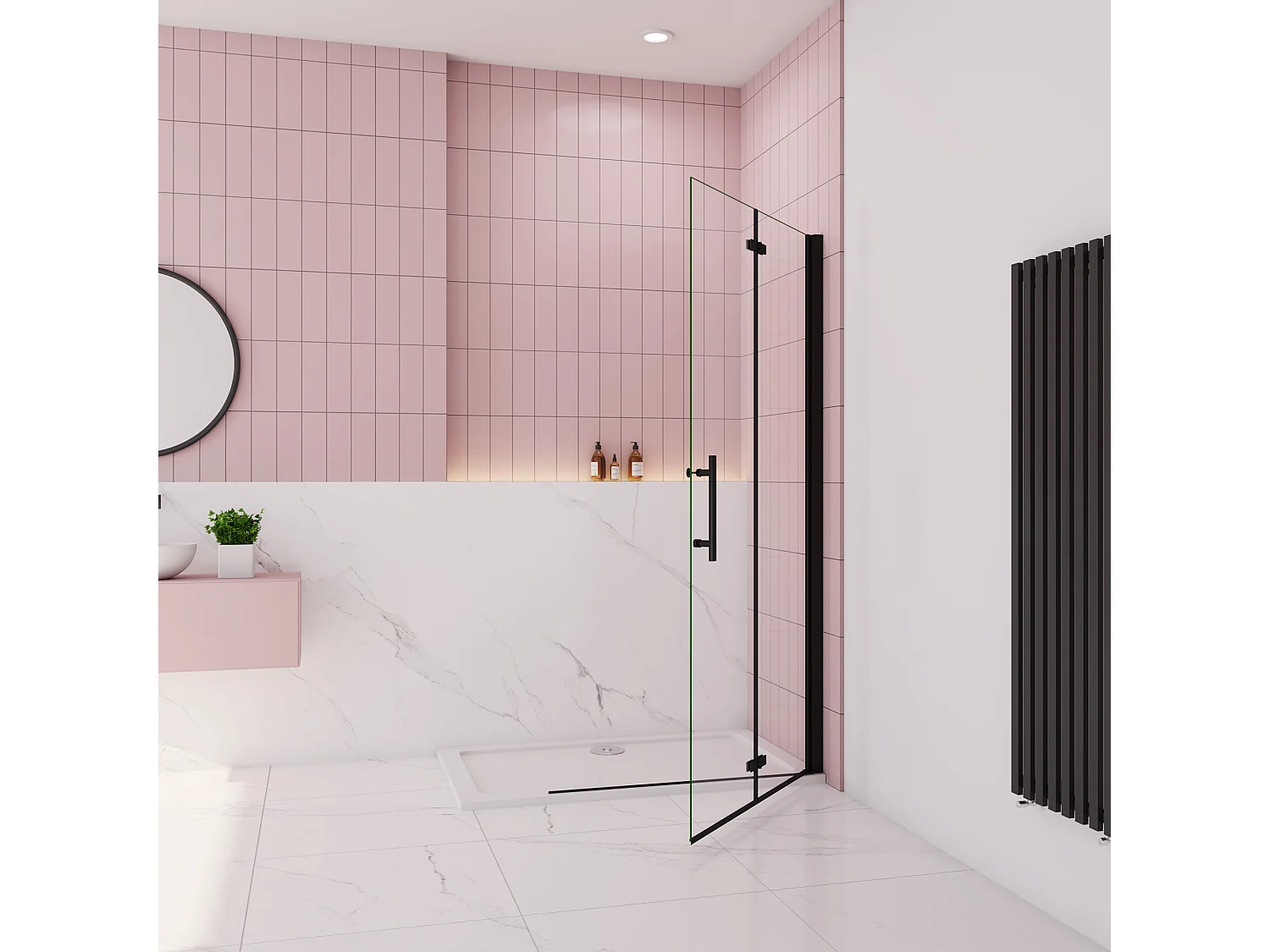 Douchewand-Inloopdouche 105x195cm 2 delig inklapbaar douchedeur 6mm NANO EasyClean veiligheidsglas mat zwart profiel