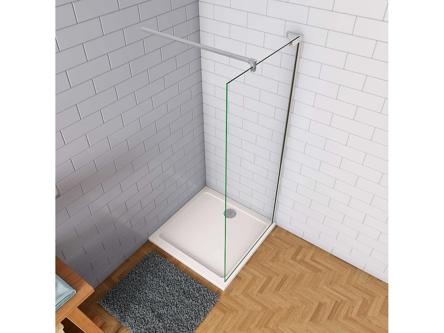 Douchewand-Inloopdouche 64x185cm 8mm veiligheidsglas NANO EasyClean glanzend chroom aluminium profiel F-vorm:140cm stabilisator (kan worden gesneden)