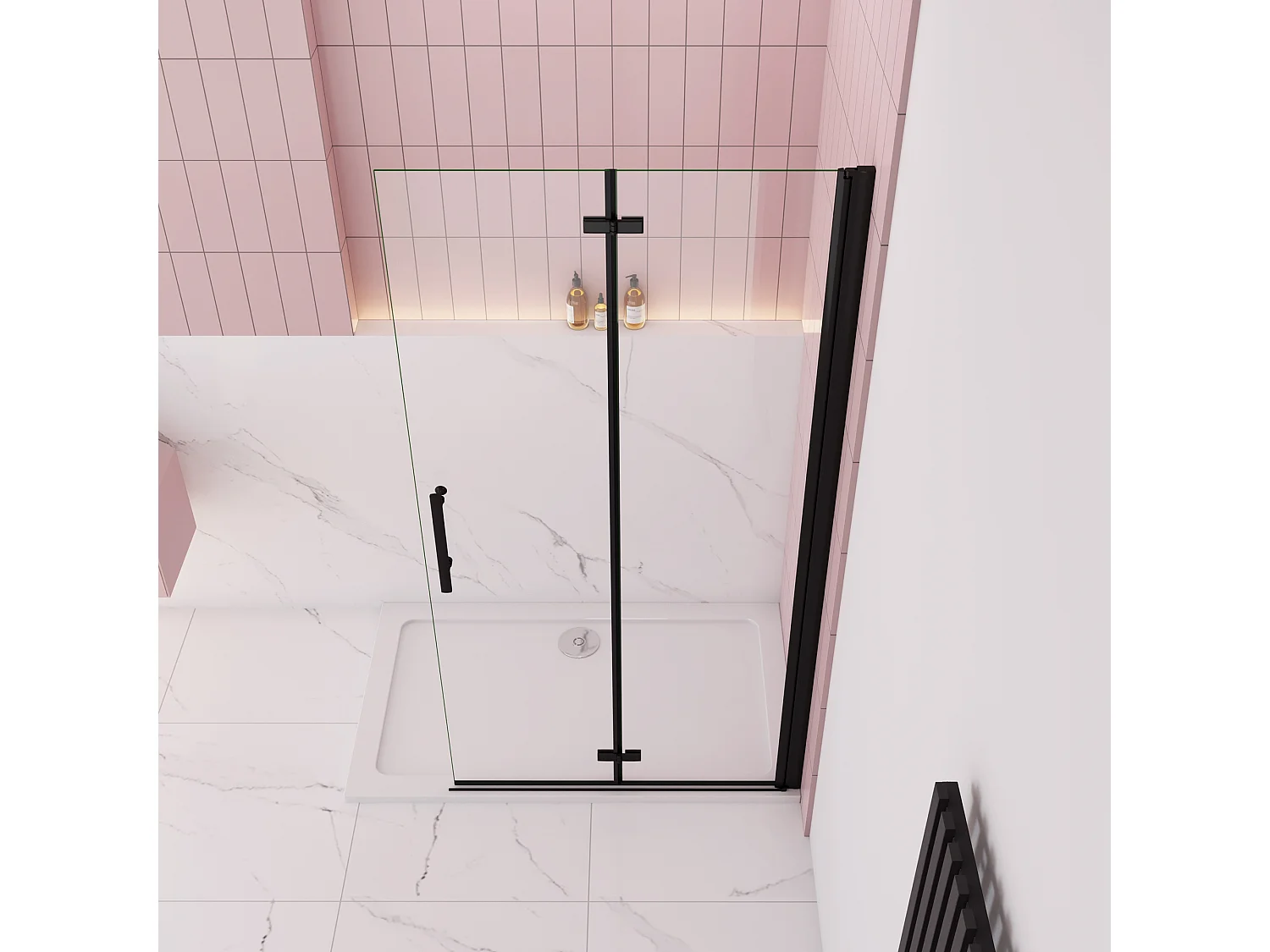 Douchewand-Inloopdouche 65x195cm 2 delig inklapbaar douchedeur 6mm NANO EasyClean veiligheidsglas mat zwart profiel