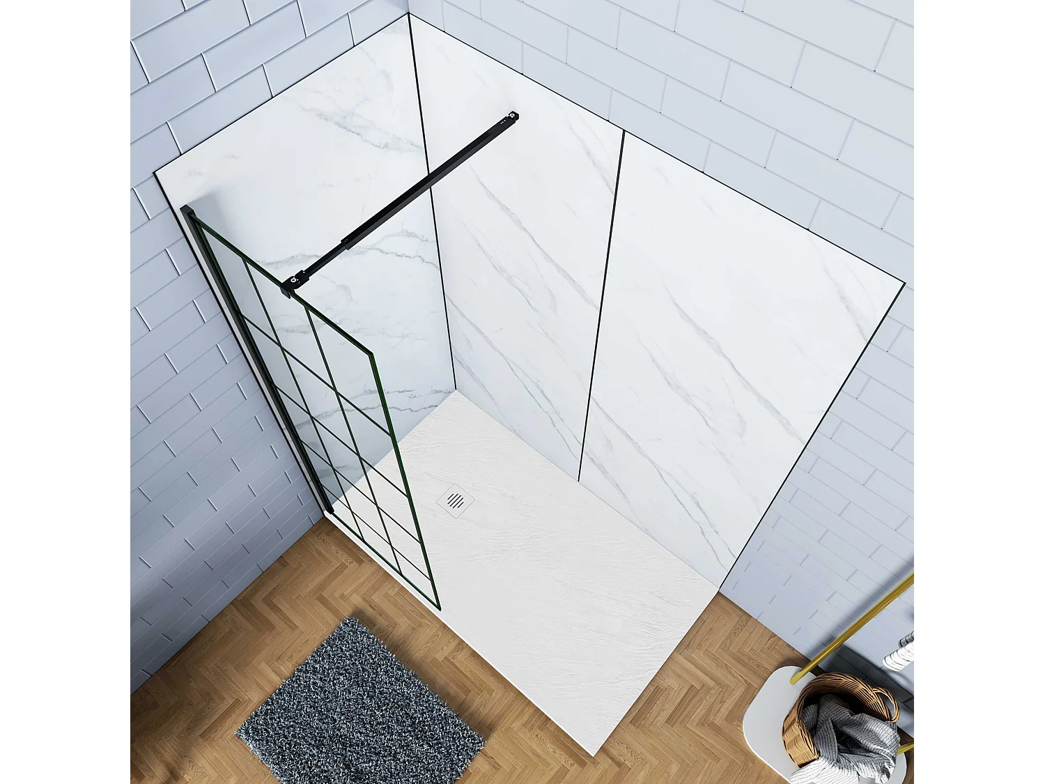 Douchewand-Inloopdouche 80x200cm met mat Zwart kader en raster 8mm NANO EasyClean veiligheidsglas mat zwart profiel Stabilisatiestang 73-120 cm