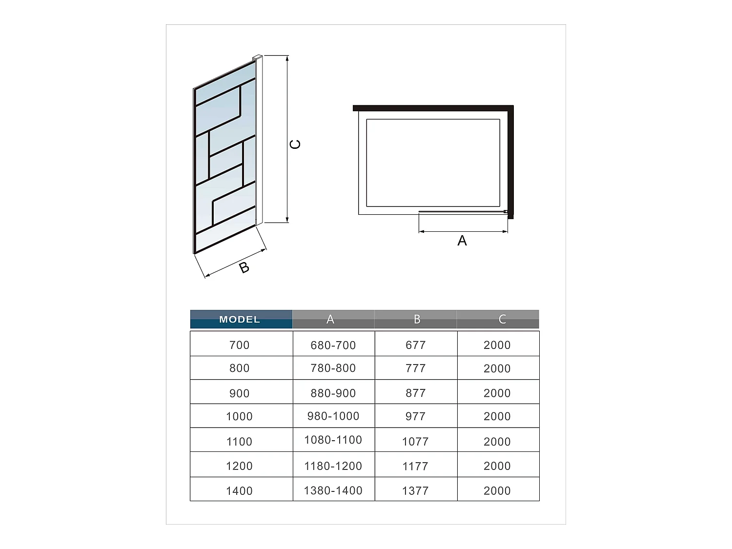 Douchewand-Inloopdouche 140x200cm 8mm NANO Easyclean zwart raster gezeefdrukt gehard glas glanzend chroom 70-120cm stabilisatiestang(inkortbaar)