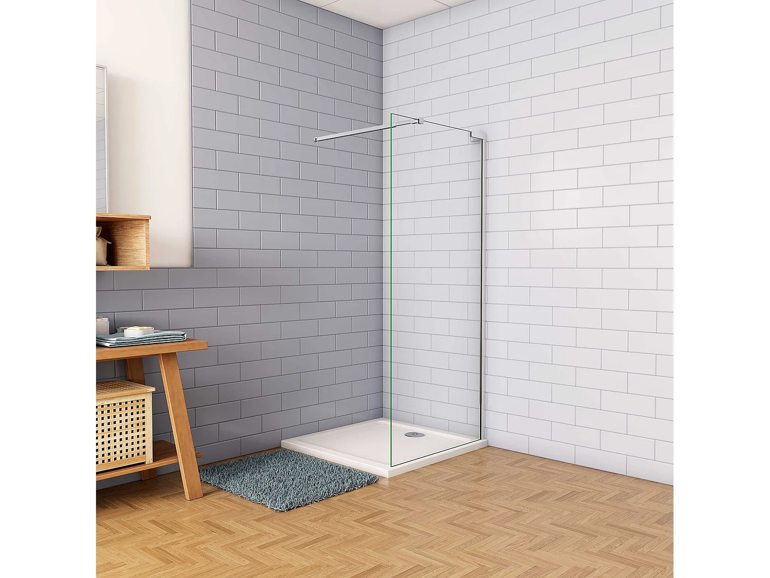 Douchewand-Inloopdouche 64x185cm 8mm veiligheidsglas NANO EasyClean glanzend chroom aluminium profiel 73-120cm Stabilisatiestang (inkortbaar)