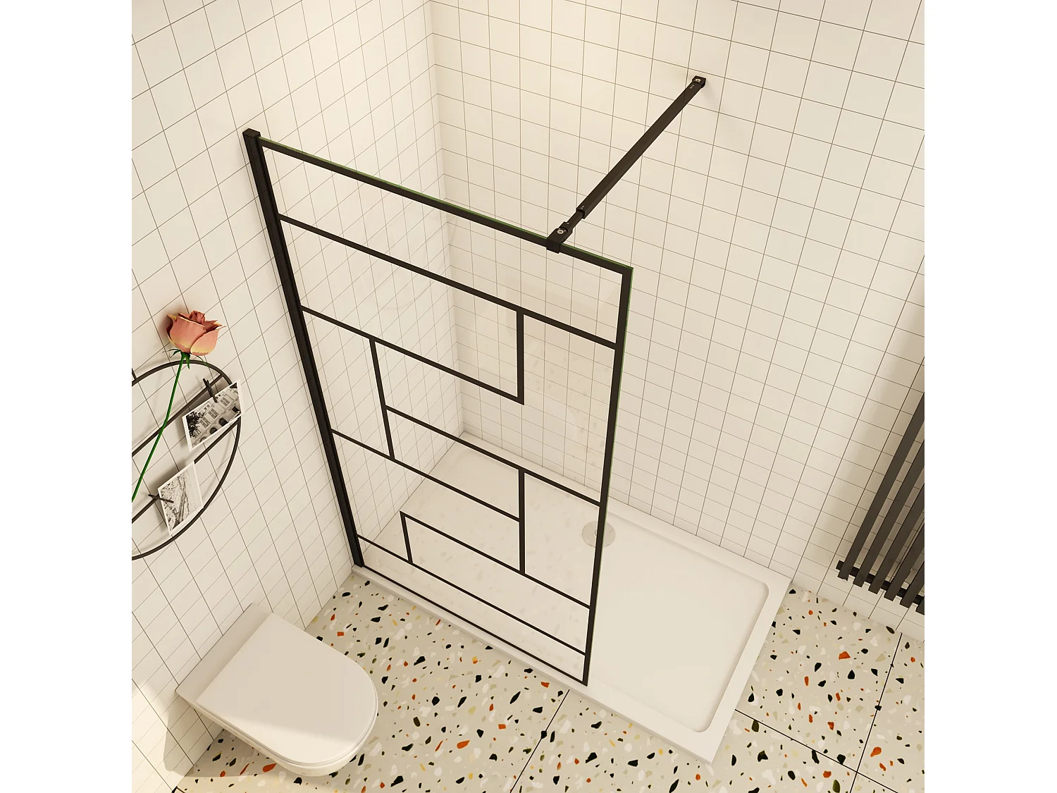 Douchewand-Inloopdouche 140x200cm 8mm NANO Easyclean zwart raster gezeefdrukt gehard glas mat zwart profiel 73-120cm stabilisatiestang(inkortbaar)