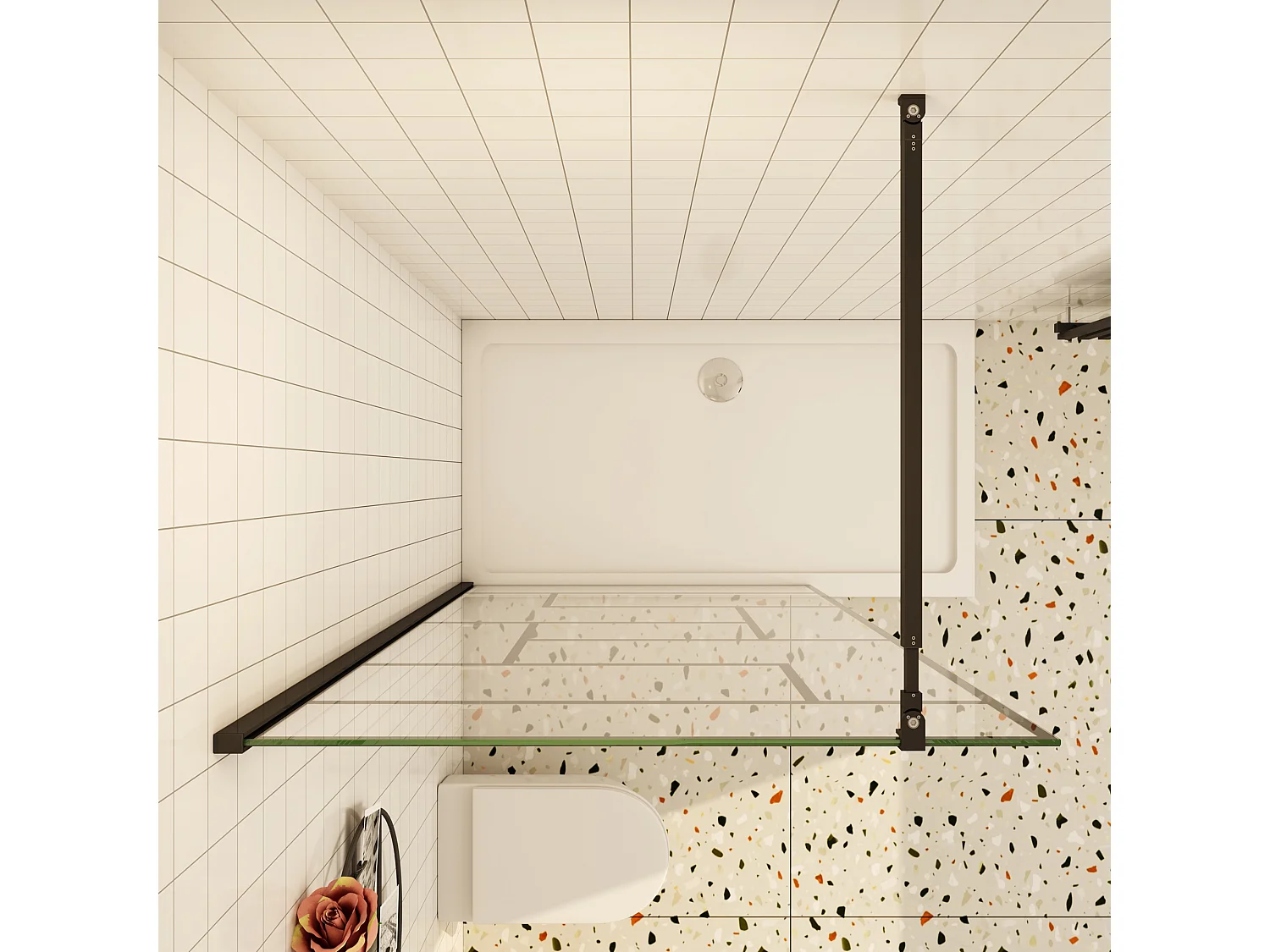 Douchewand-Inloopdouche 140x200cm 8mm NANO Easyclean zwart raster gezeefdrukt gehard glas mat zwart profiel 73-120cm stabilisatiestang(inkortbaar)