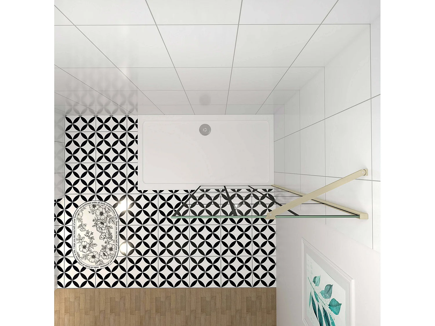 Douchewand-Inloopdouche 80x200cm met mat Zwart kader en raster 8mm NANO EasyClean veiligheidsglas gouden profiel Stabilisatiestang 50cm