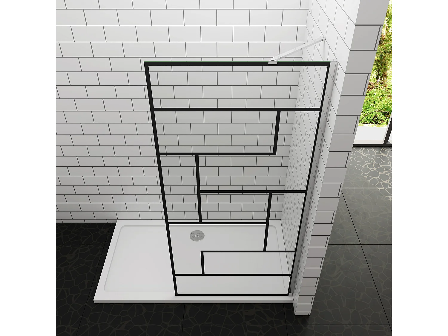 Douchewand-Inloopdouche 70x200cm 8mm NANO Easyclean zwart raster gezeefdrukt gehard glas glanzend chroom profiel 50cm stabilisatiestang(draaibaar).