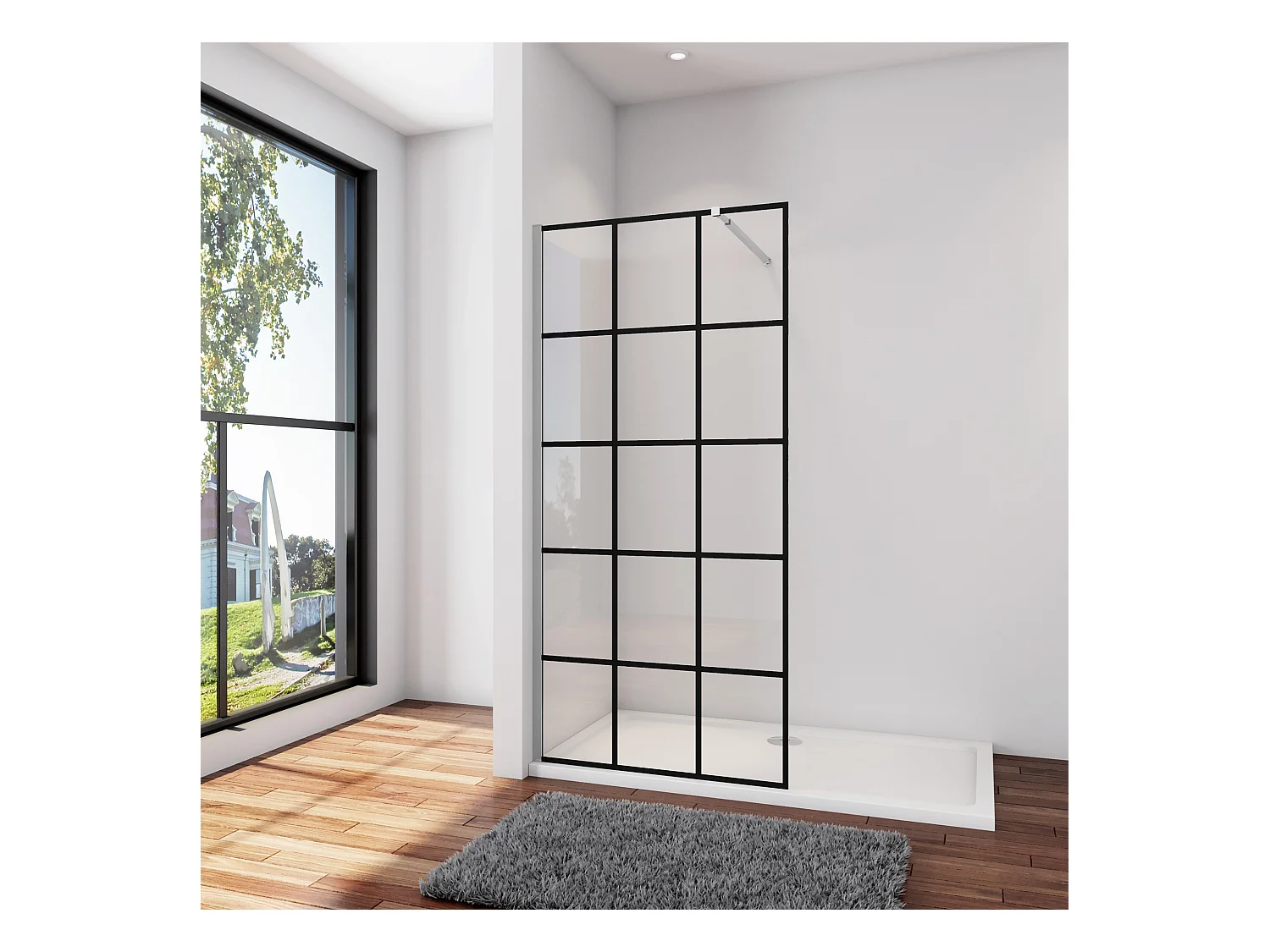 Douchewand-Inloopdouche 140x200cm met mat Zwart kader en raster 8mm NANO EasyClean veiligheidsglas Stabilisatiestang 73-120 cm