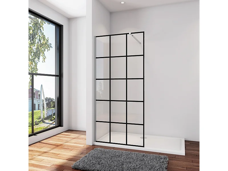 Douchewand-Inloopdouche 140x200cm met mat Zwart kader en raster 8mm NANO EasyClean veiligheidsglas Stabilisatiestang 73-120 cm