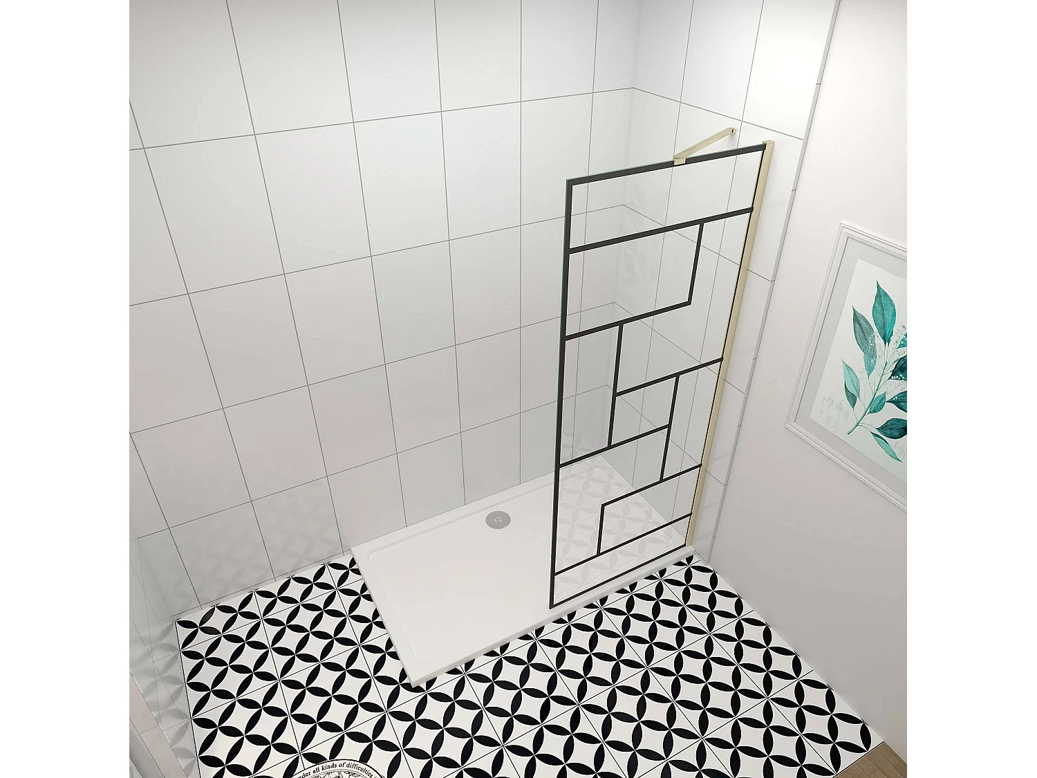 Douchewand-Inloopdouche 70x200cm 8mm NANO Easyclean zwart raster gezeefdrukt gehard glas gouden profiel 50cm stabilisatiestang(draaibaar).