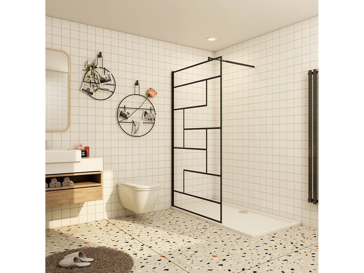 Douchewand-Inloopdouche 120x200cm 8mm NANO Easyclean zwart raster gezeefdrukt gehard glas mat zwart profiel 70-120cm stabilisatiestang(inkortbaar)