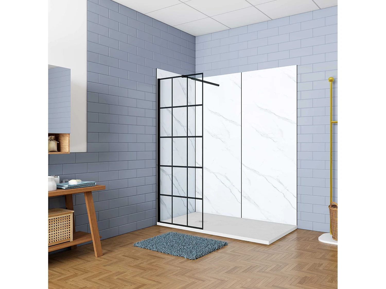 Douchewand-Inloopdouche 140x200cm met mat Zwart kader en raster 8mm NANO EasyClean veiligheidsglas mat zwart profiel Stabilisatiestang 73-120 cm