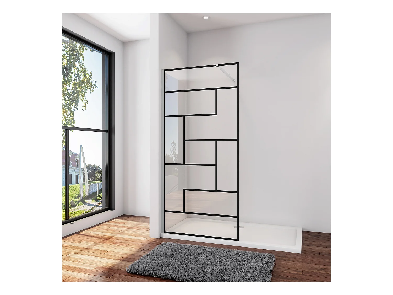 Douchewand-Inloopdouche 140x200cm 8mm NANO Easyclean zwart raster gezeefdrukt gehard glas glanzend chroom 73-120cm stabilisatiestang(inkortbaar)