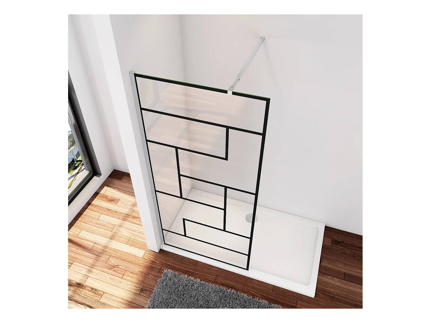 Douchewand-Inloopdouche 140x200cm 8mm NANO Easyclean zwart raster gezeefdrukt gehard glas glanzend chroom 73-120cm stabilisatiestang(inkortbaar)