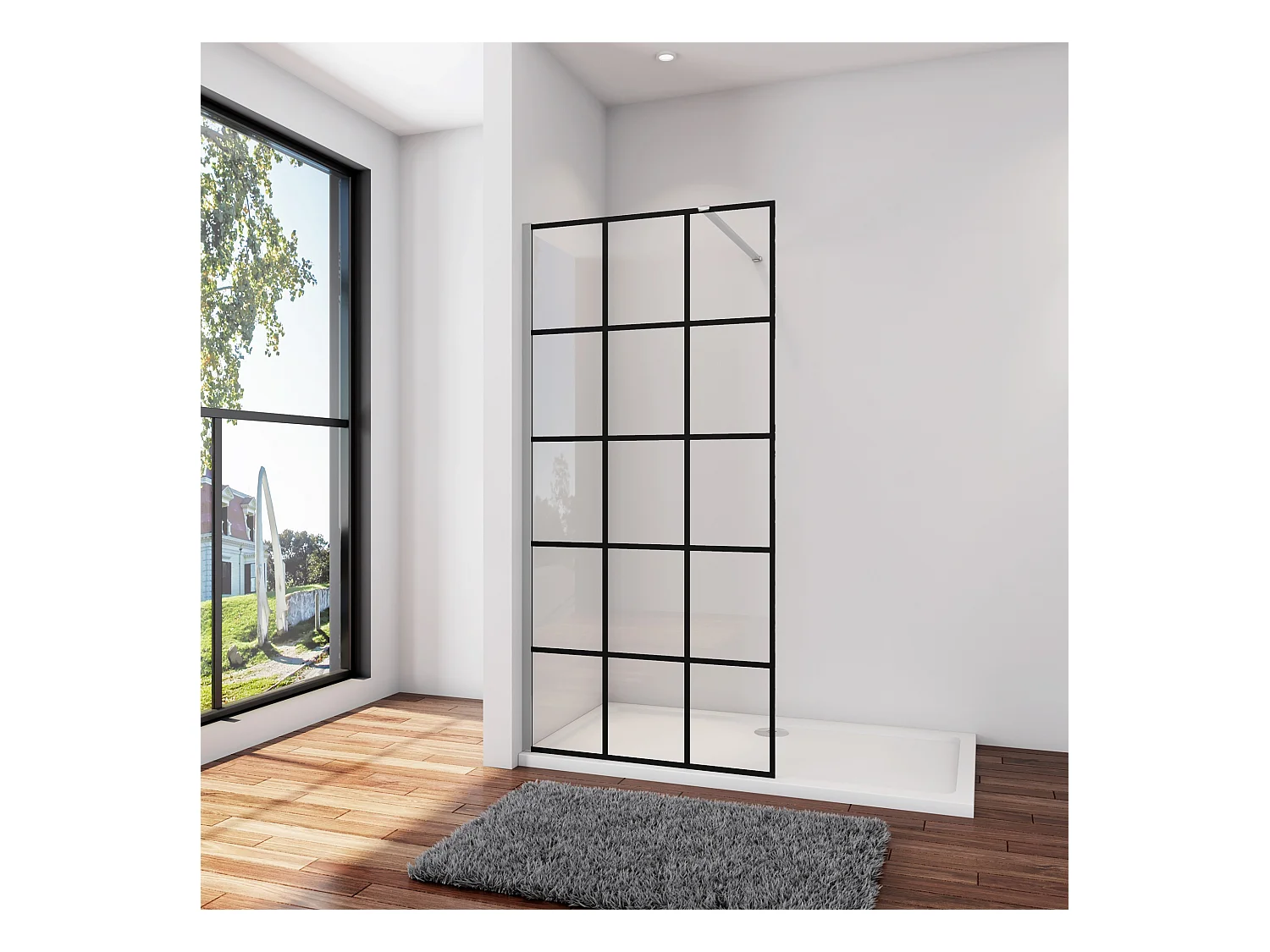 Douchewand-Inloopdouche 140x200cm met mat Zwart kader en raster 8mm NANO EasyClean veiligheidsglas N-Form 90cm Stabilisatiestang