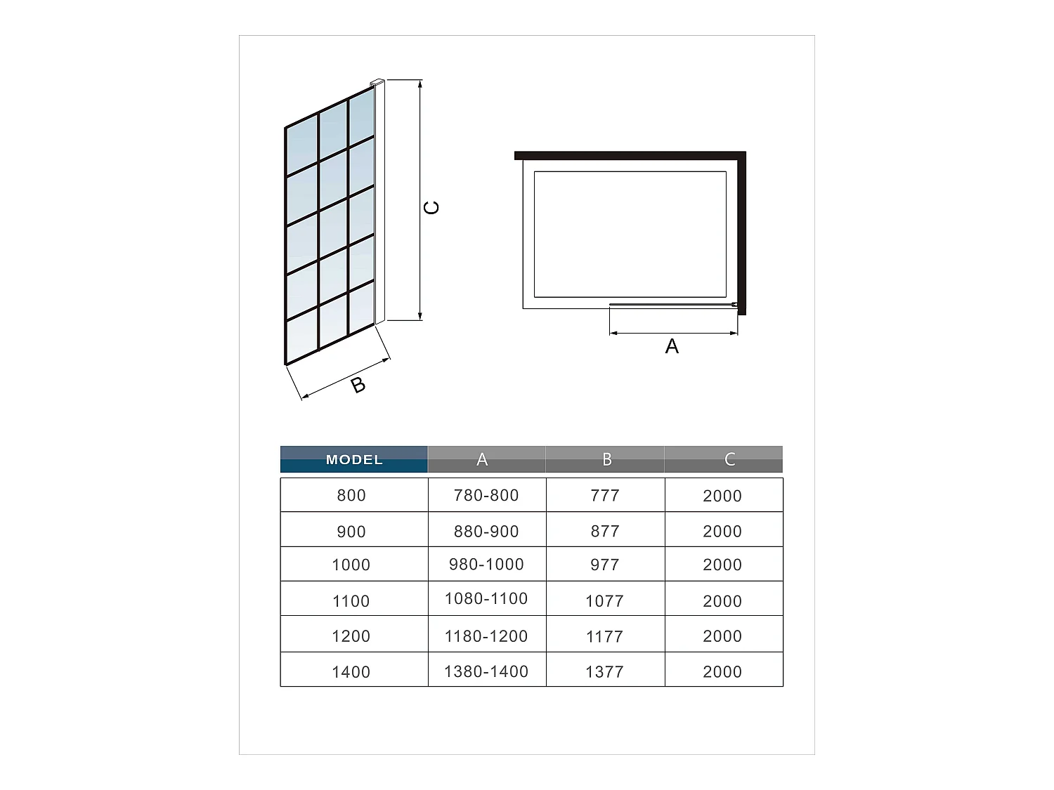 Douchewand-Inloopdouche 140x200cm met mat Zwart kader en raster 8mm NANO EasyClean veiligheidsglas N-Form 90cm Stabilisatiestang