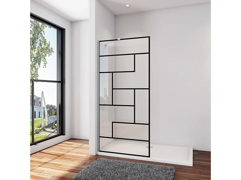 Douchewand-Inloopdouche 80x200cm 8mm NANO Easyclean zwart raster gezeefdrukt gehard glas glanzend chroom profiel 45cm stabilisatiestang(draaibaar).