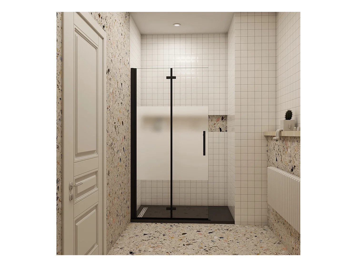 Douchewand-Inloopdouche vouwdeur 95x195cm met matte folie middelban 6mm NANO veiligheidsglas mat zwart profiel