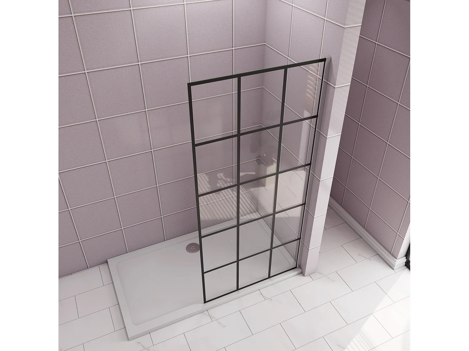 Douchewand-Inloopdouche 80x200cm met mat Zwart kader en raster 8mm NANO EasyClean veiligheidsglas zonder Stabilisatiestang