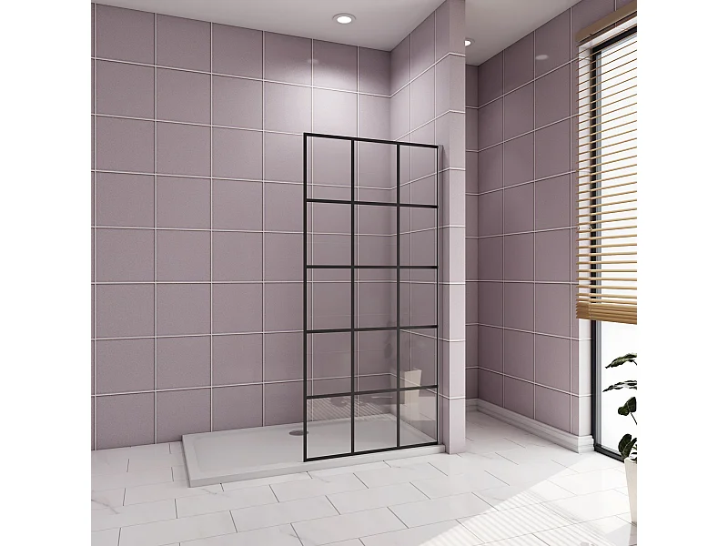 Douchewand-Inloopdouche 80x200cm met mat Zwart kader en raster 8mm NANO EasyClean veiligheidsglas zonder Stabilisatiestang