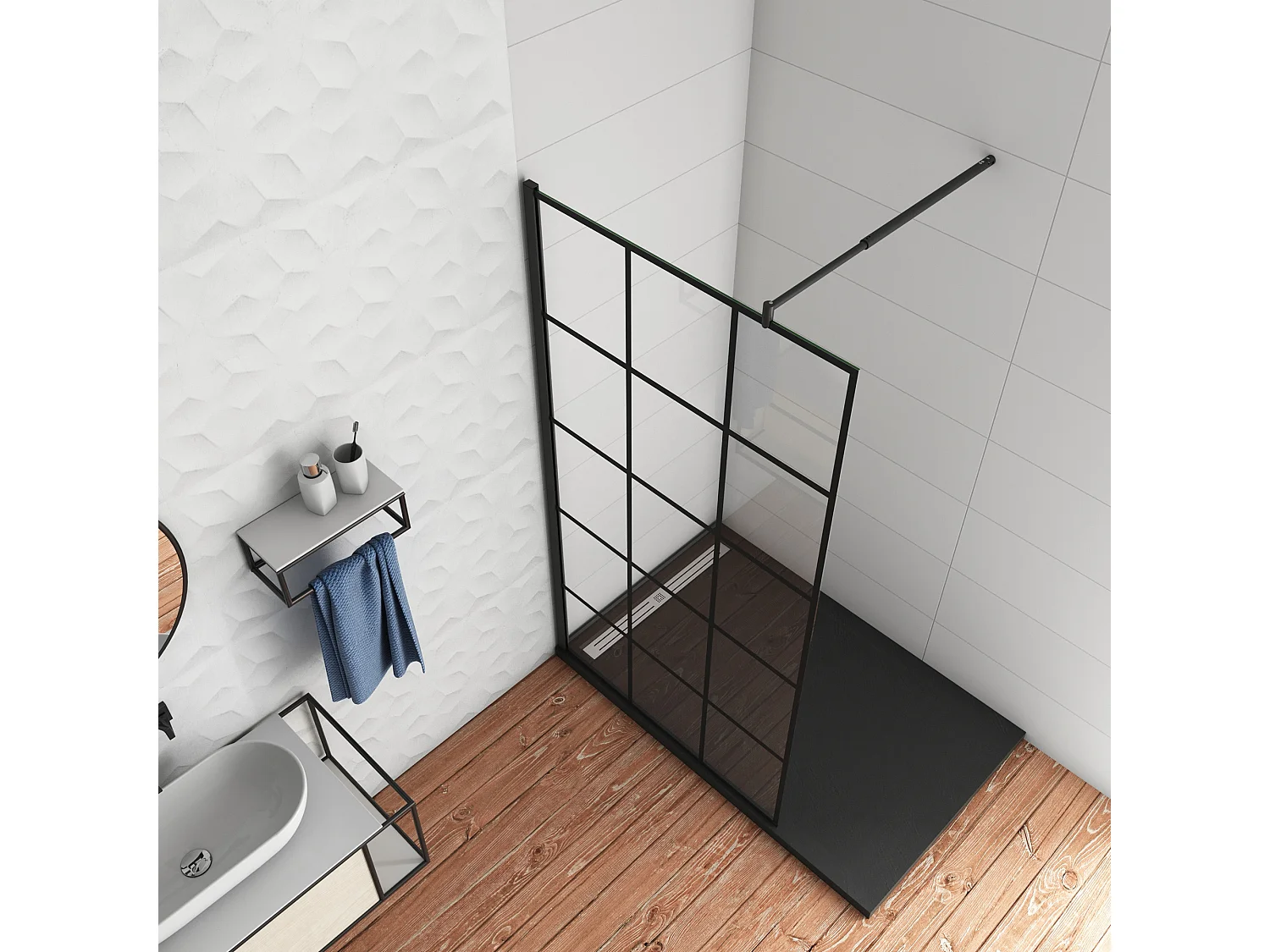 Douchewand-Inloopdouche 100x200cm met mat Zwart kader en raster 8mm NANO EasyClean veiligheidsglas mat zwart profiel Stabilisatiestang 70-120 cm