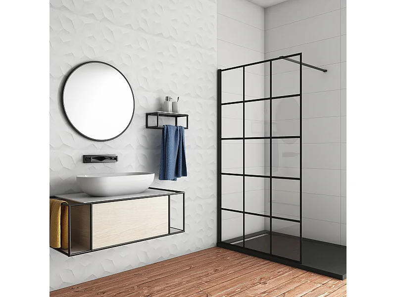 Douchewand-Inloopdouche 120x200cm met mat Zwart kader en raster 8mm NANO EasyClean veiligheidsglas mat zwart profiel N-Form 90cm Stabilisatiestang