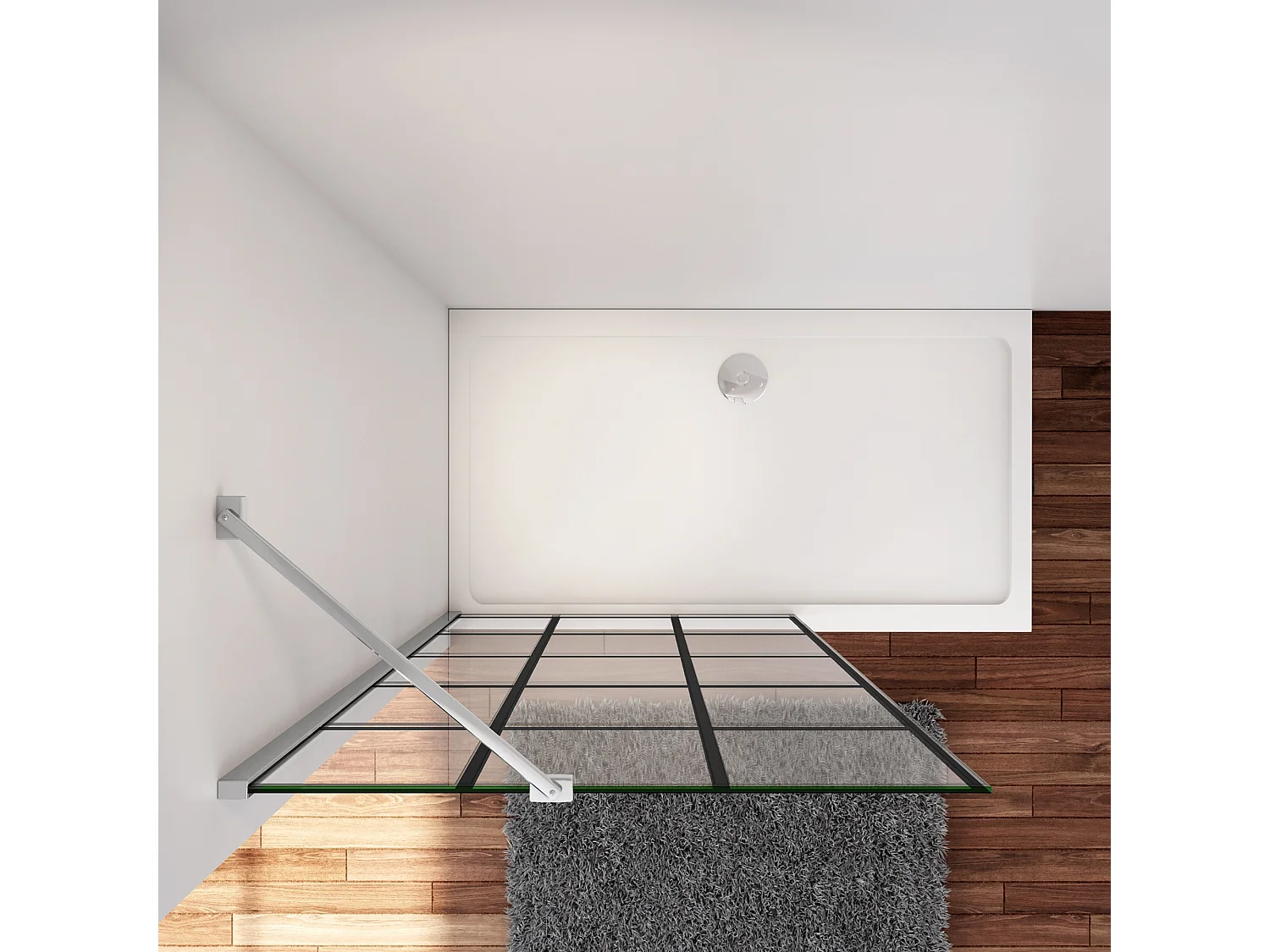 Douchewand-Inloopdouche 90x200cm met mat Zwart kader en raster 8mm NANO EasyClean veiligheidsglas Stabilisatiestang 45cm