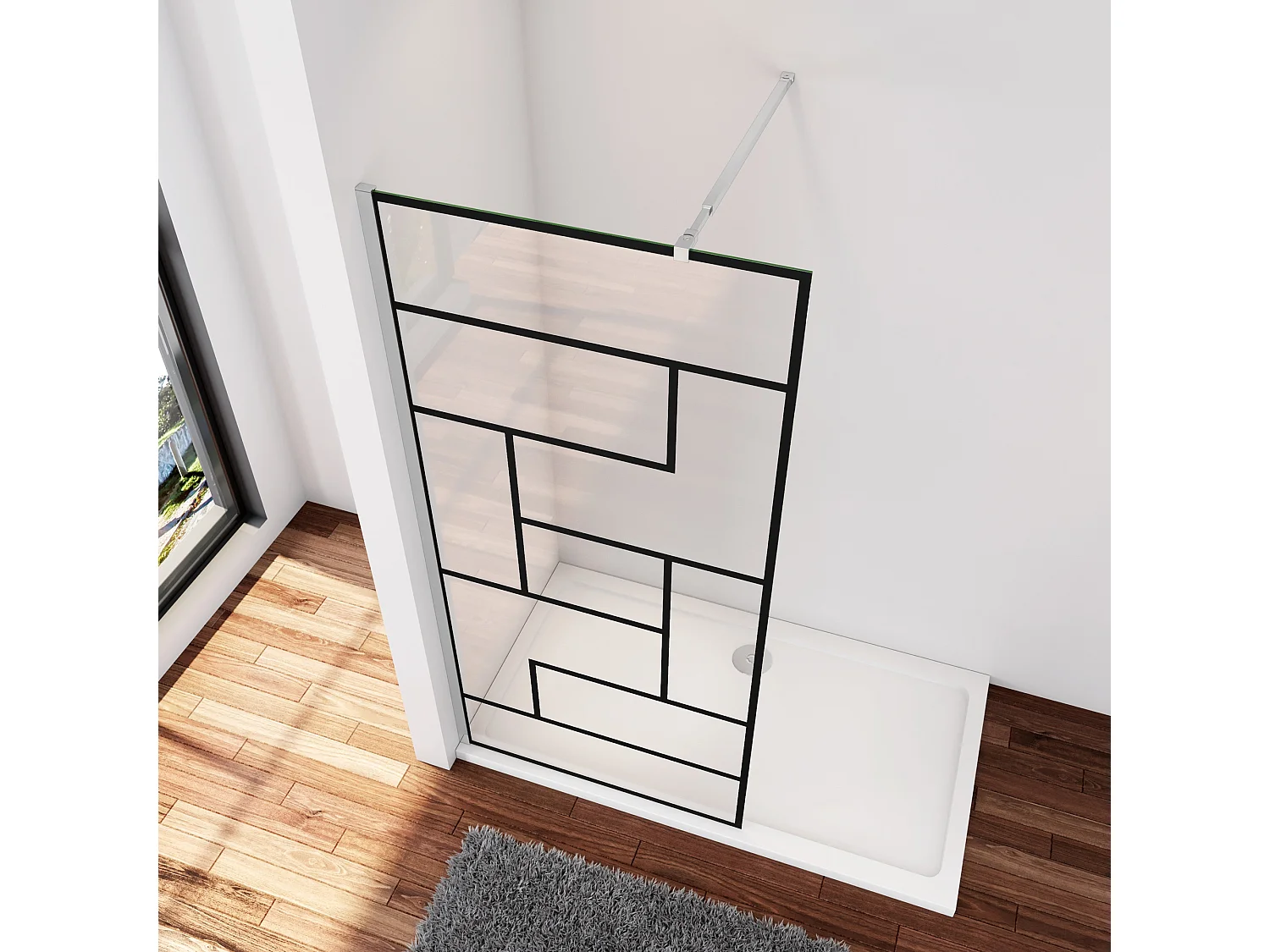 Douchewand-Inloopdouche 90x200cm 8mm NANO Easyclean zwart raster gezeefdrukt gehard glas glanzend chroom 73-120cm stabilisatiestang(inkortbaar)