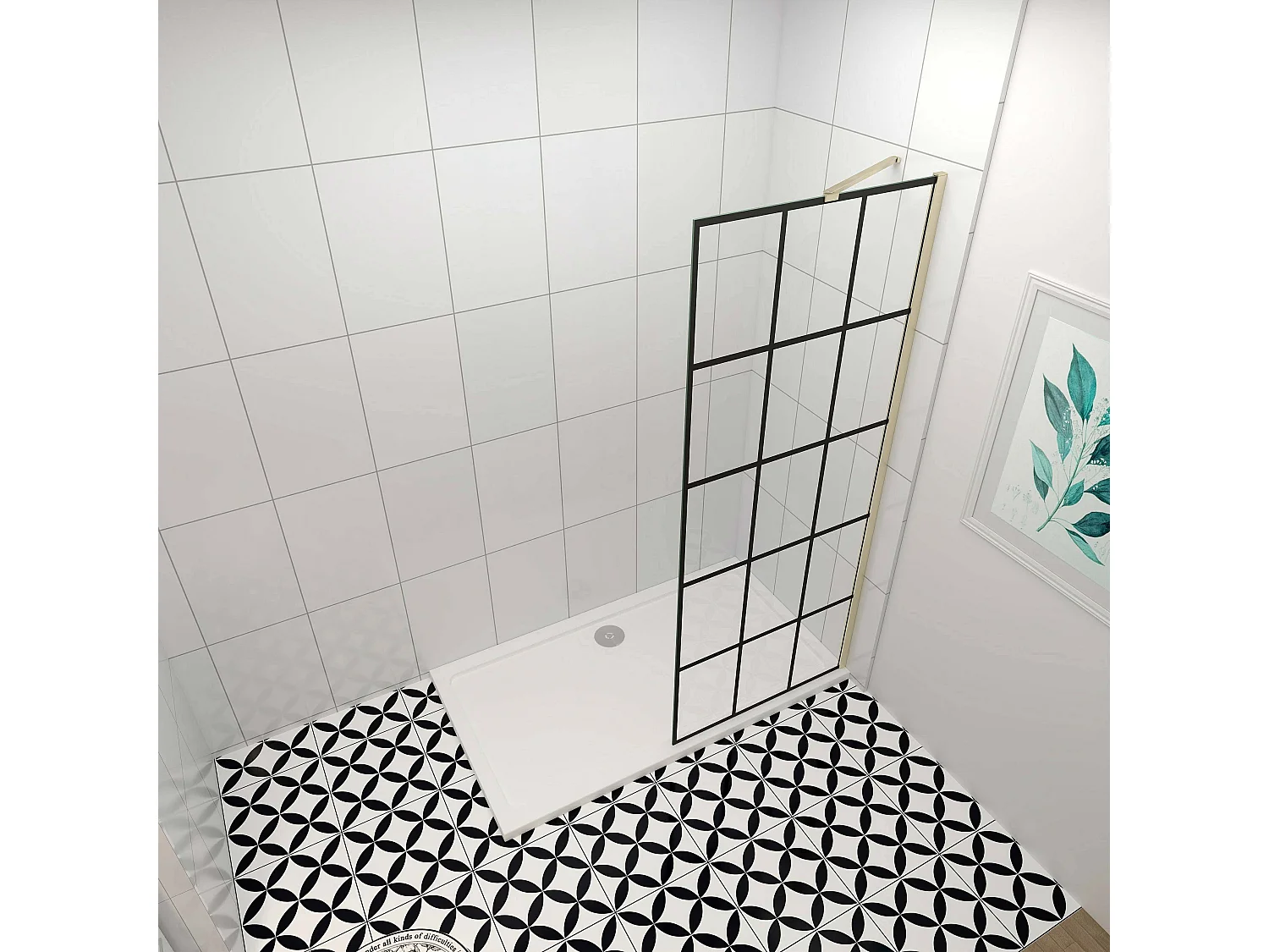 Douchewand-Inloopdouche 90x200cm met mat Zwart kader en raster 8mm NANO EasyClean veiligheidsglas gouden profiel Stabilisatiestang 50cm