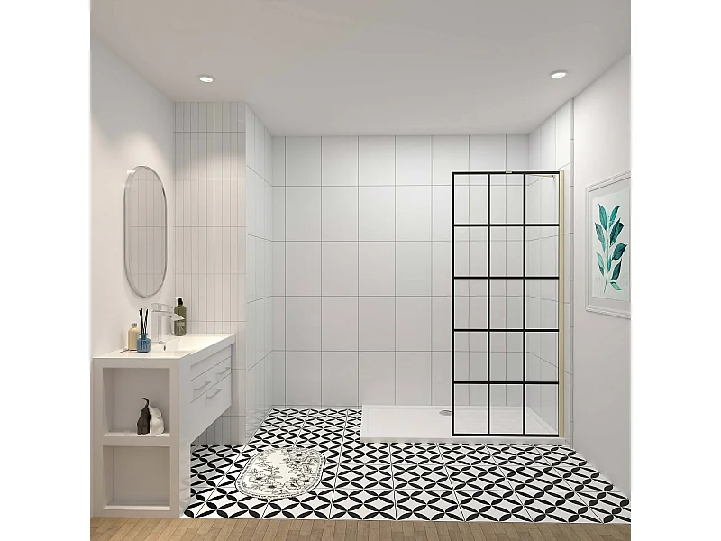 Douchewand-Inloopdouche 90x200cm met mat Zwart kader en raster 8mm NANO EasyClean veiligheidsglas gouden profiel Stabilisatiestang 50cm