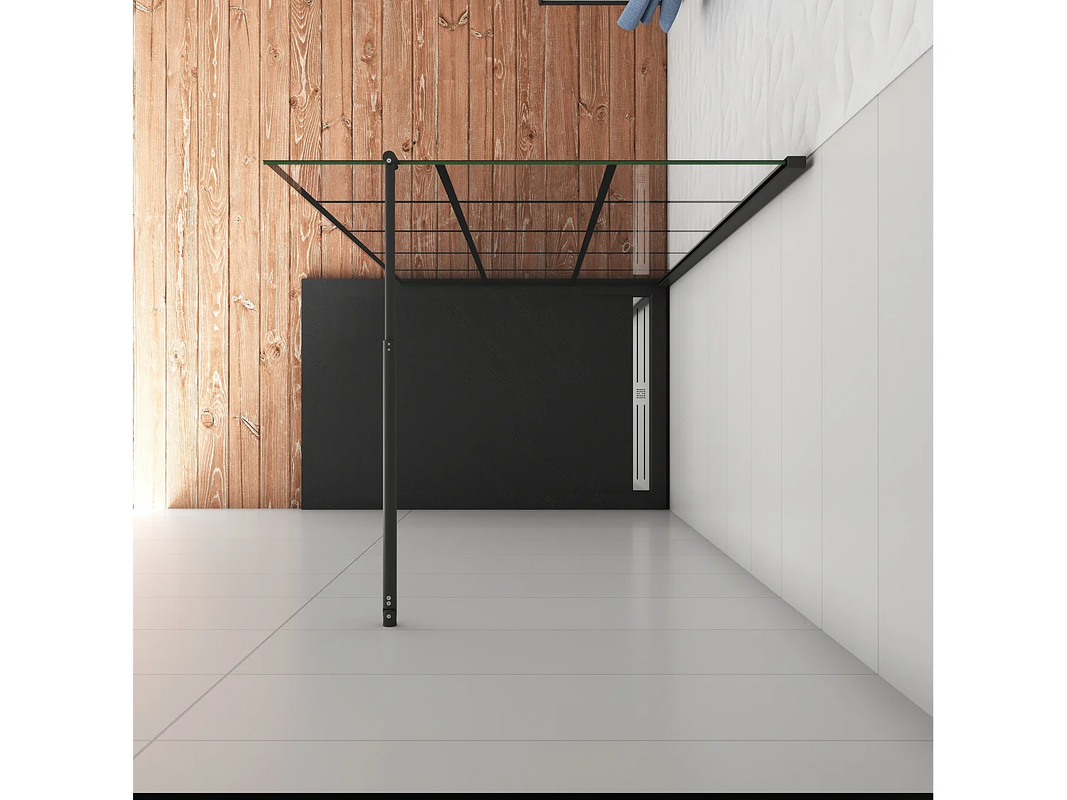 Douchewand-Inloopdouche 140x200cm met mat Zwart kader en raster 8mm NANO EasyClean veiligheidsglas mat zwart profiel Stabilisatiestang 70-120 cm