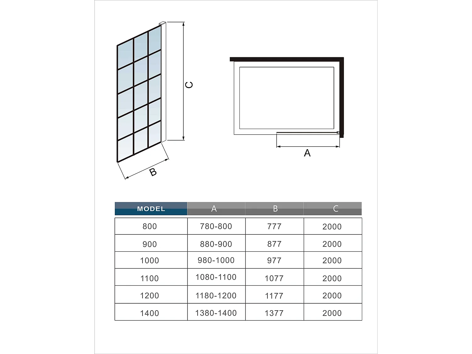 Douchewand-Inloopdouche 140x200cm met mat Zwart kader en raster 8mm NANO EasyClean veiligheidsglas mat zwart profiel Stabilisatiestang 70-120 cm