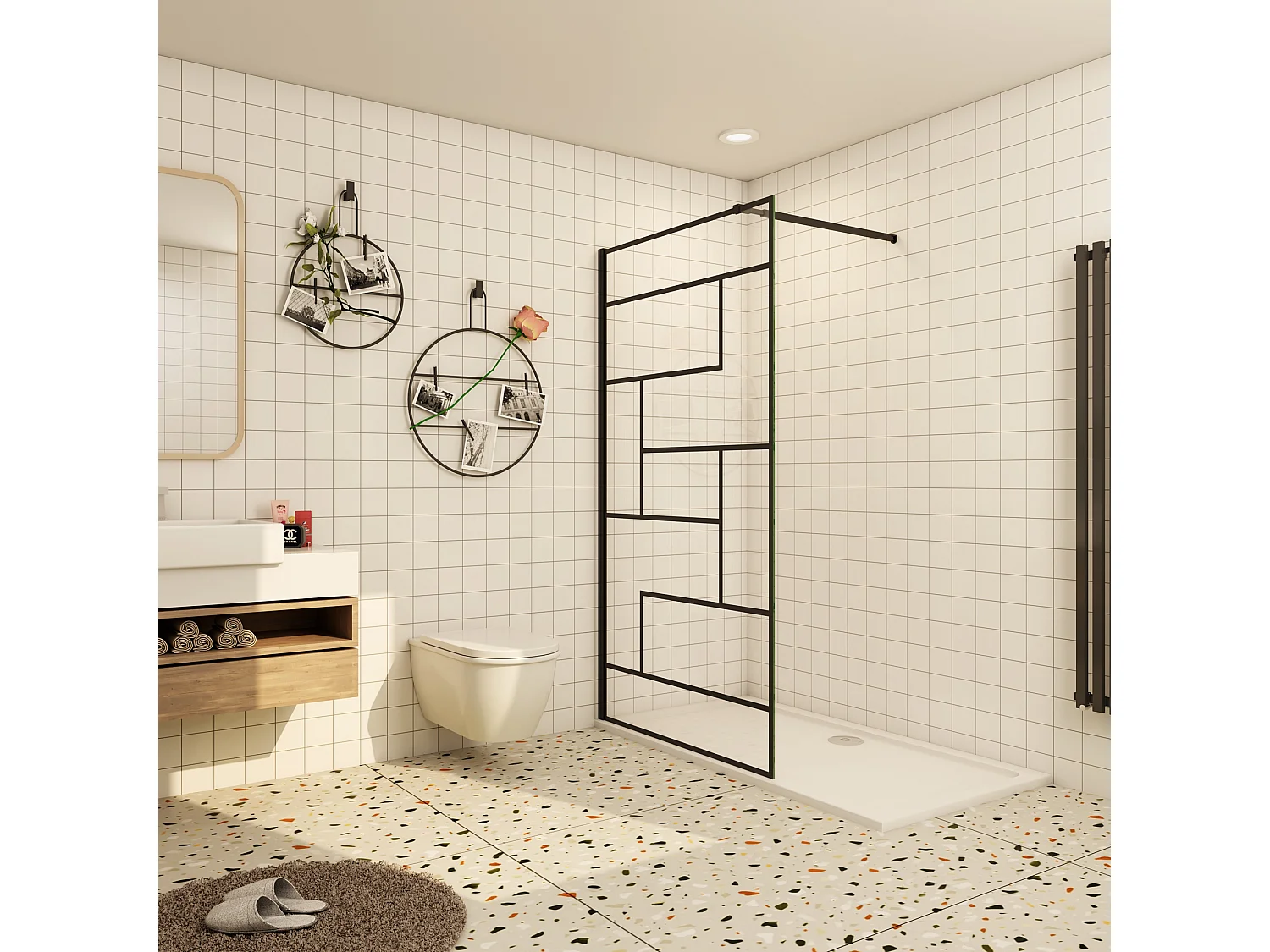 Douchewand-Inloopdouche 120x200cm 8mm NANO Easyclean zwart raster gezeefdrukt gehard glas mat zwart profiel 73-120cm stabilisatiestang(inkortbaar)