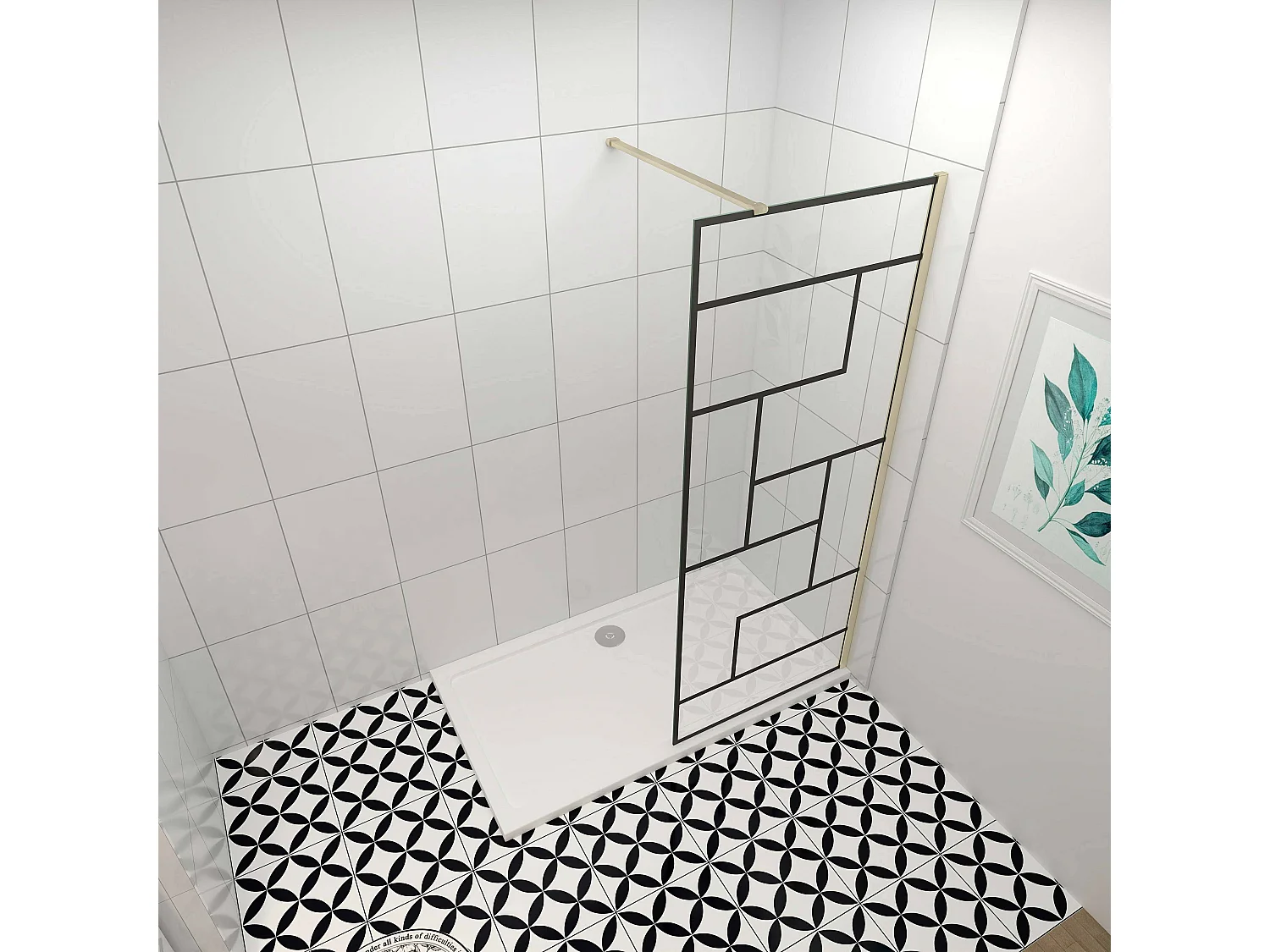 Douchewand-Inloopdouche 120x200cm 8mm NANO Easyclean zwart raster gezeefdrukt gehard glas gouden profiel 90cm stabilisatiestang(kan worden gesneden)