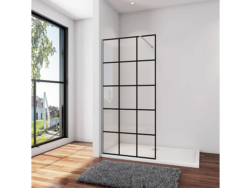 Douchewand-Inloopdouche 90x200cm met mat Zwart kader en raster 8mm NANO EasyClean veiligheidsglas N-Form 90cm Stabilisatiestang