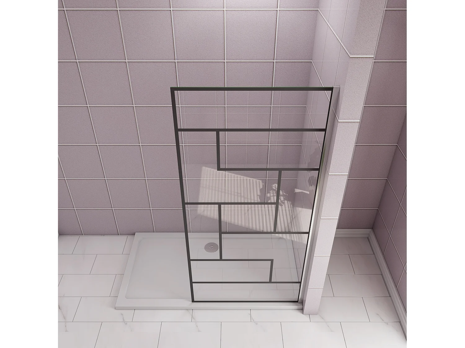 Douchewand-Inloopdouche 70x200cm 8mm NANO Easyclean zwart raster gezeefdrukt gehard glas glanzend chroom aluminium profiel zonder stabilisatiestang