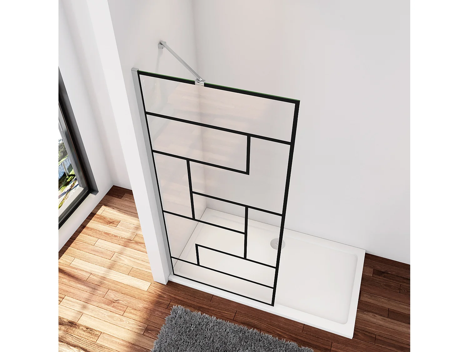 Douchewand-Inloopdouche 70x200cm 8mm NANO Easyclean zwart raster gezeefdrukt gehard glas glanzend chroom profiel 45cm stabilisatiestang(draaibaar).