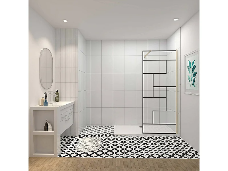 Douchewand-Inloopdouche 140x200cm 8mm NANO Easyclean zwart raster gezeefdrukt gehard glas gouden profiel 90cm stabilisatiestang(kan worden gesneden)