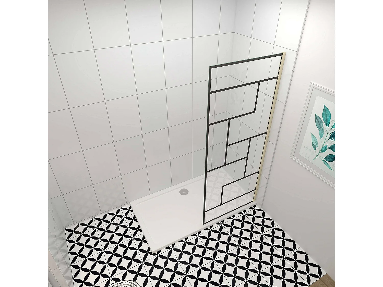 Douchewand-Inloopdouche 70x200cm 8mm NANO Easyclean zwart raster gezeefdrukt gehard glas gouden profiel zonder stabilisatiestang