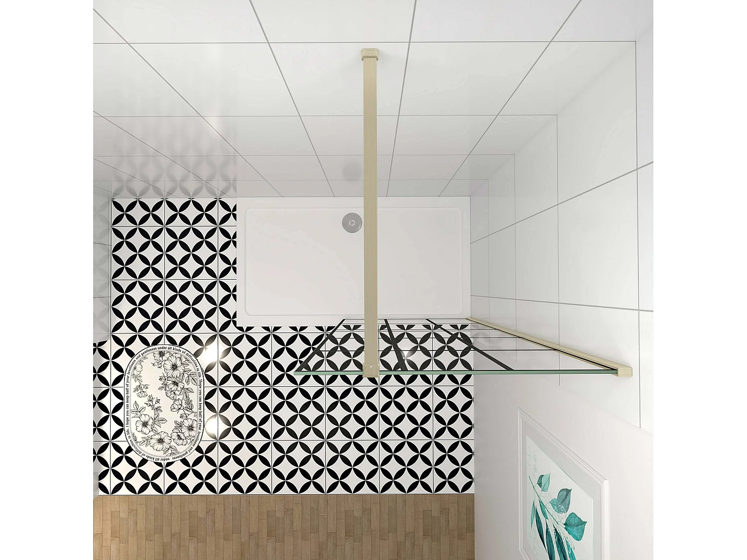 Douchewand-Inloopdouche 120x200cm met mat Zwart kader en raster 8mm NANO EasyClean veiligheidsglas gouden profiel N-Form 90cm Stabilisatiestang