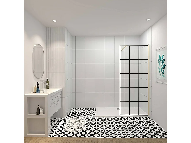 Douchewand-Inloopdouche 120x200cm met mat Zwart kader en raster 8mm NANO EasyClean veiligheidsglas gouden profiel N-Form 90cm Stabilisatiestang