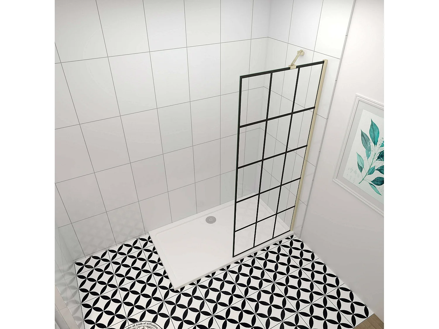 Douchewand-Inloopdouche 80x200cm met mat Zwart kader en raster 8mm NANO EasyClean veiligheidsglas gouden profiel Stabilisatiestang 45cm