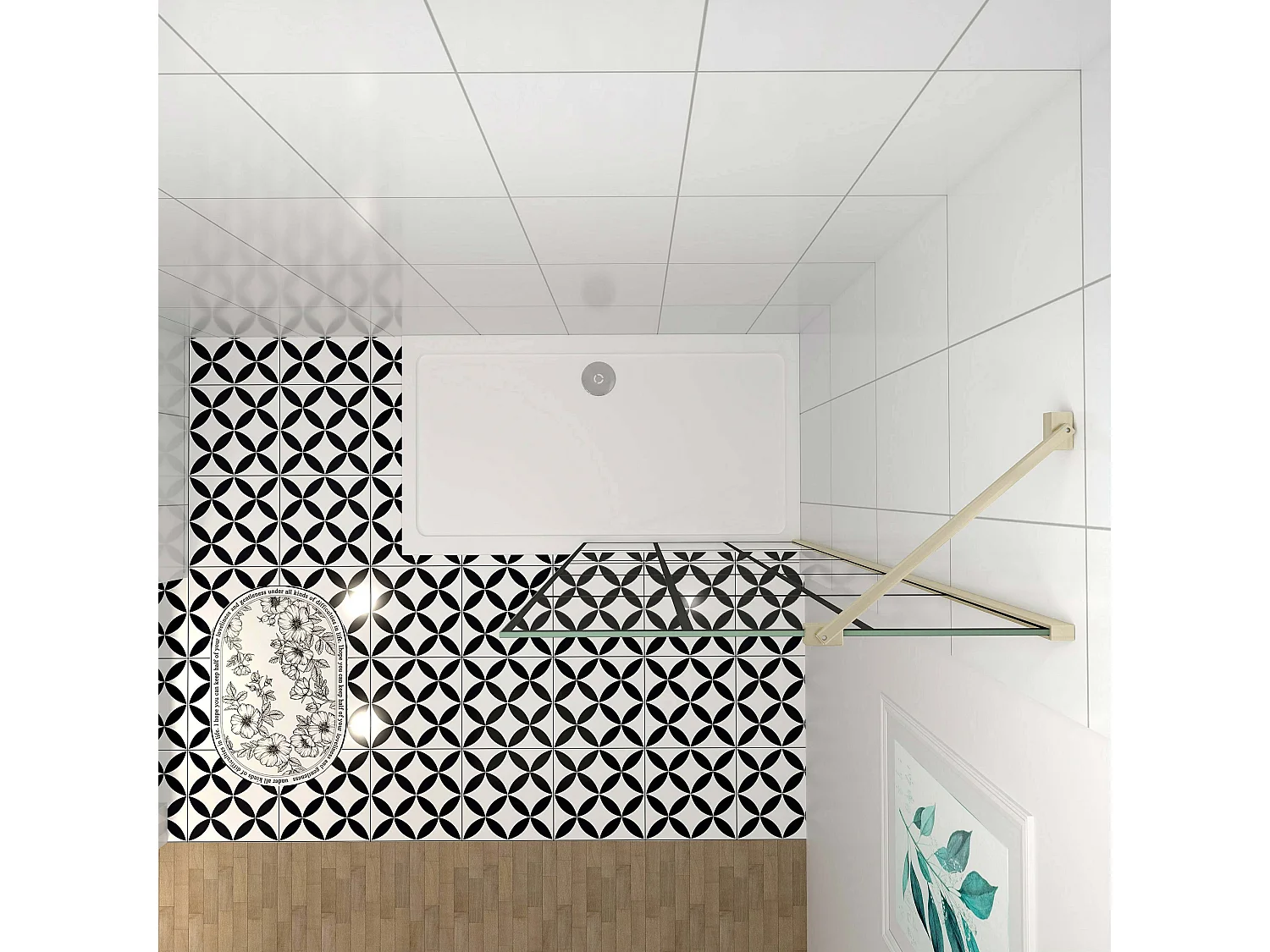 Douchewand-Inloopdouche 80x200cm met mat Zwart kader en raster 8mm NANO EasyClean veiligheidsglas gouden profiel Stabilisatiestang 45cm