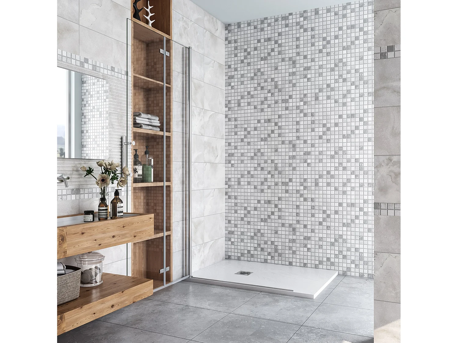 86x195cm Douchewand-Inloopdouche vouwdeur 6mm NANO EasyClean veiligheidsglas profiel van glanzend chroom.