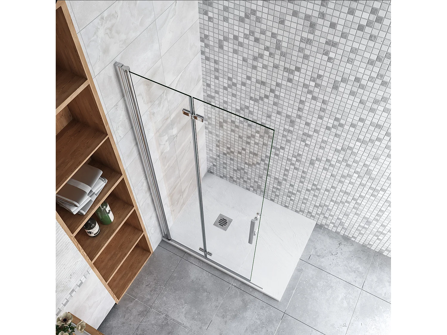 86x195cm Douchewand-Inloopdouche vouwdeur 6mm NANO EasyClean veiligheidsglas profiel van glanzend chroom.