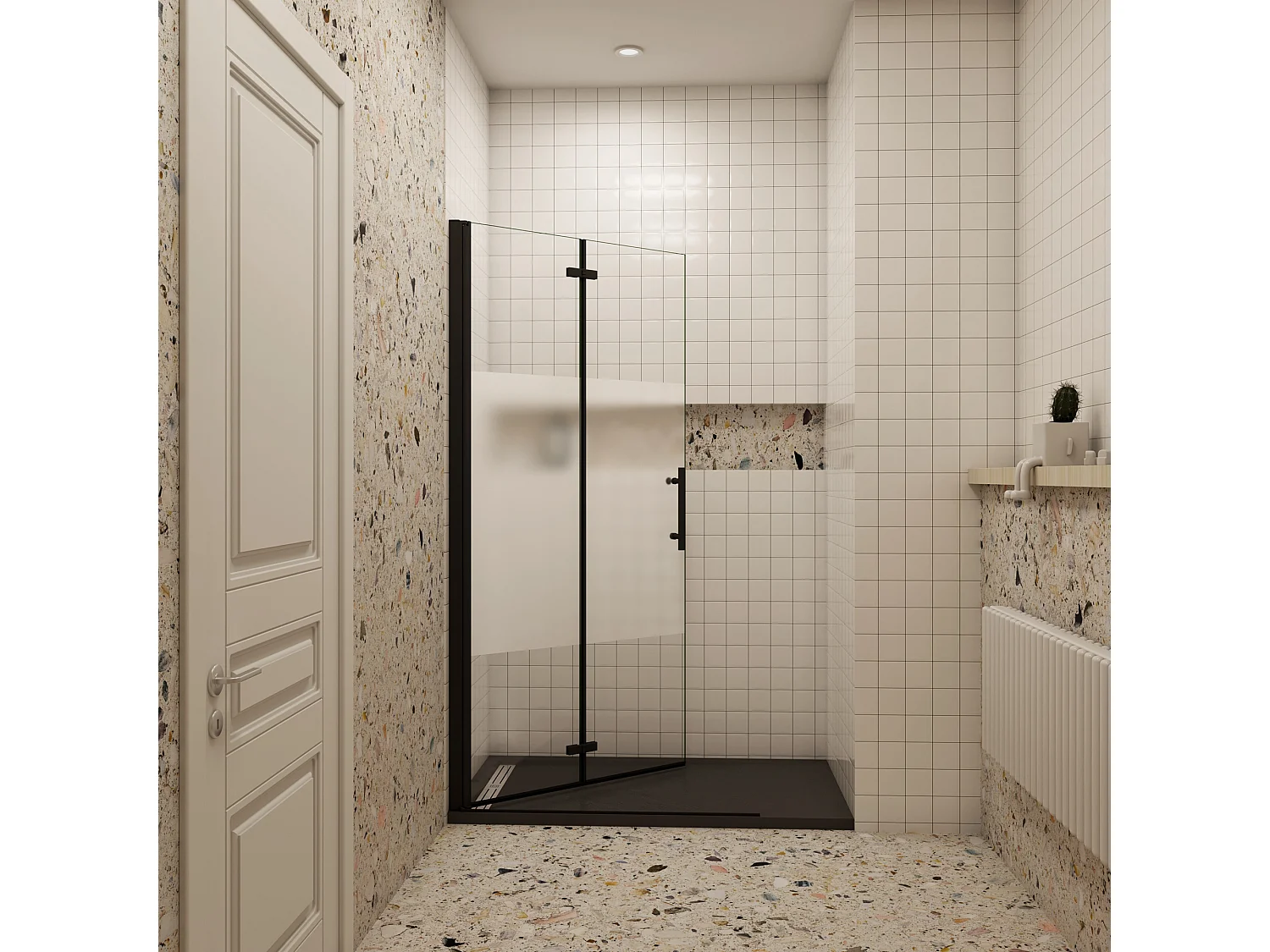 Douchewand-Inloopdouche vouwdeur 71x195cm met matte folie middelban 6mm NANO veiligheidsglas mat zwart profiel