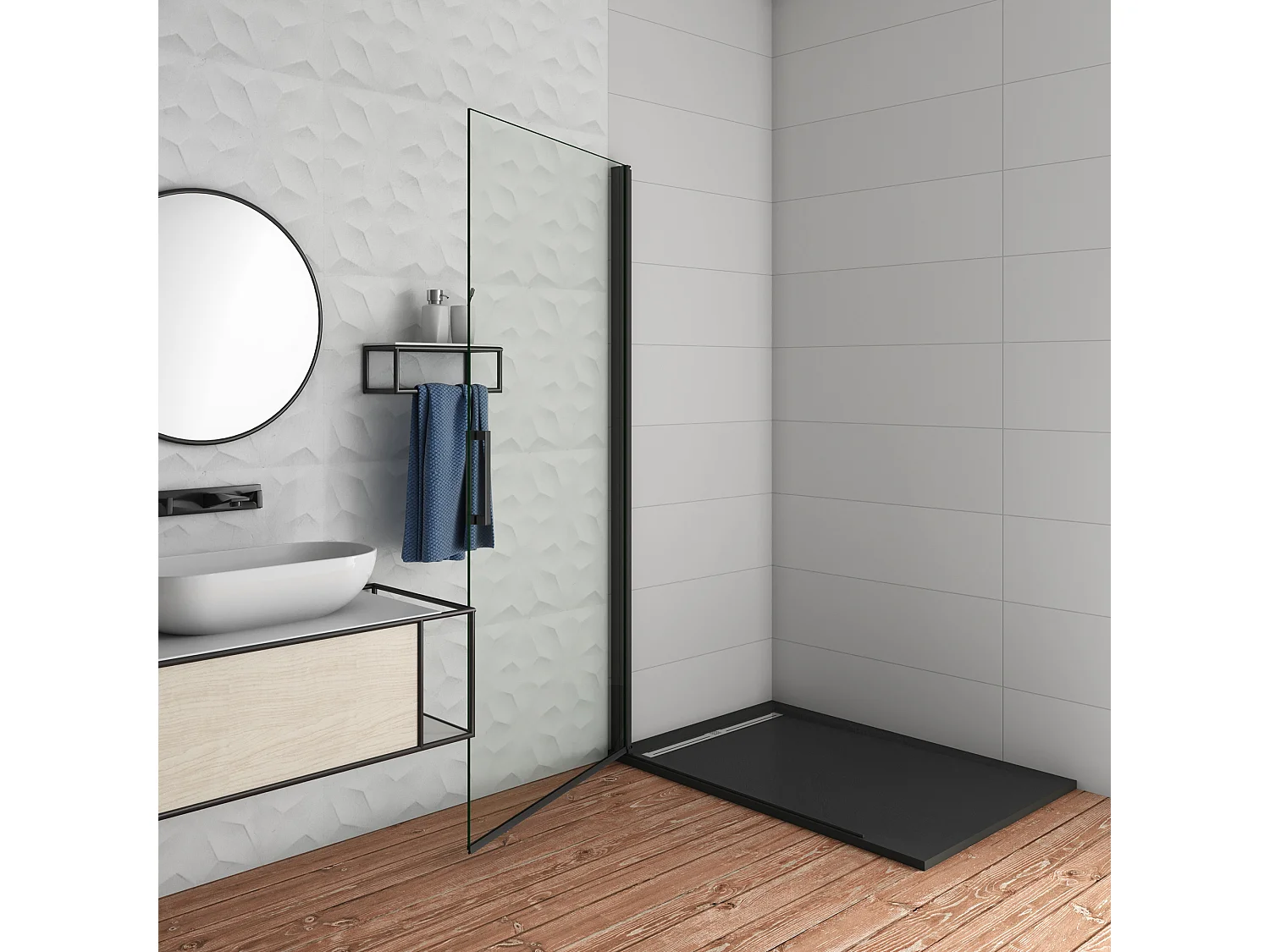 Douchewand-Inloopdouche draaideur 76x200cm 8mm veiligheidsglas NANO EasyClean mat zwart profiel